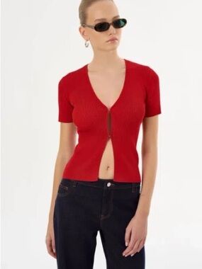 Lamarque Ribbed Short-Sleeve V-Neck Cardigan Top Red